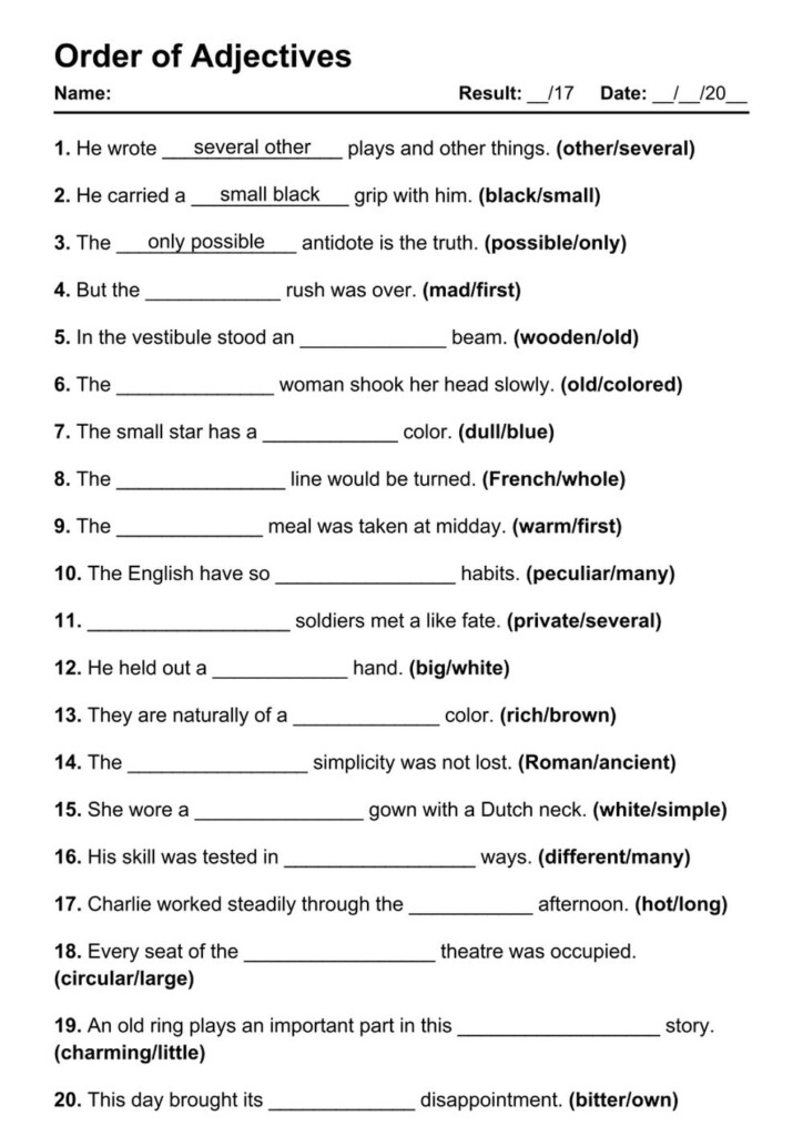 101 Printable Order Of Adjectives PDF Worksheets Grammarism