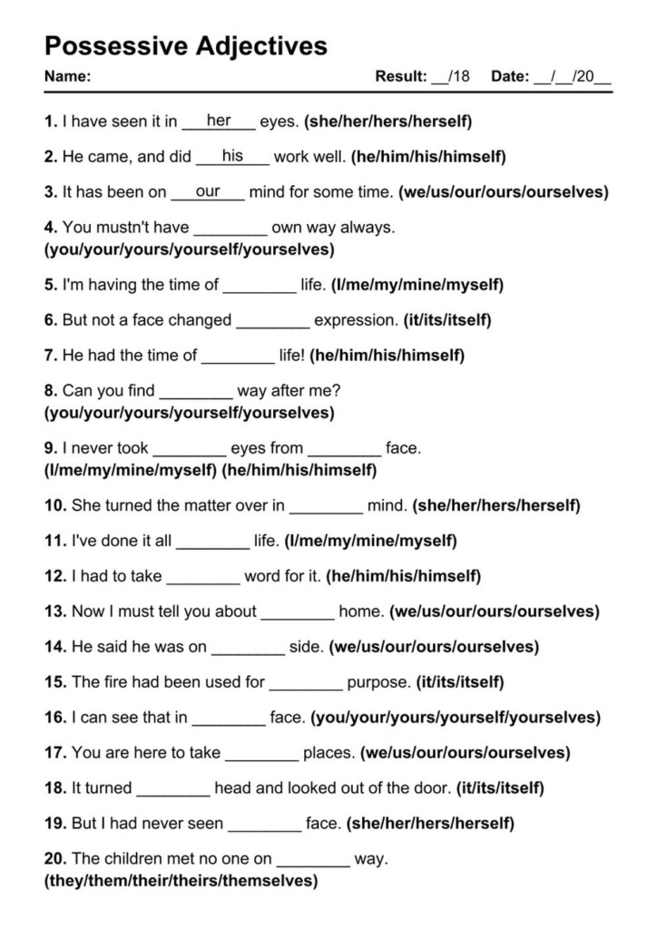 101 Printable Possessive Adjectives PDF Worksheets With Answers 