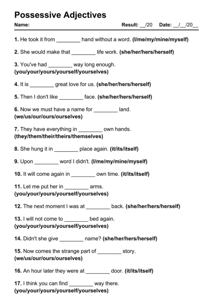 101 Printable Possessive Adjectives PDF Worksheets With Answers 