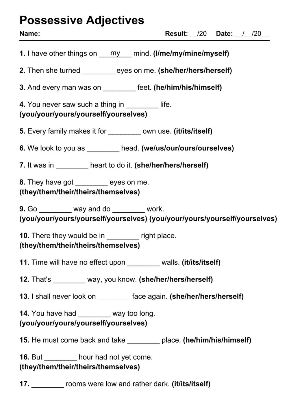 101 Printable Possessive Adjectives PDF Worksheets With Answers