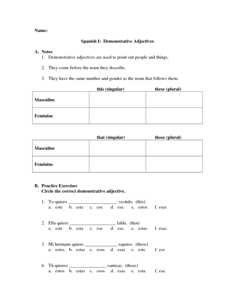 18 Spanish Demonstrative Adjectives Worksheet Worksheeto