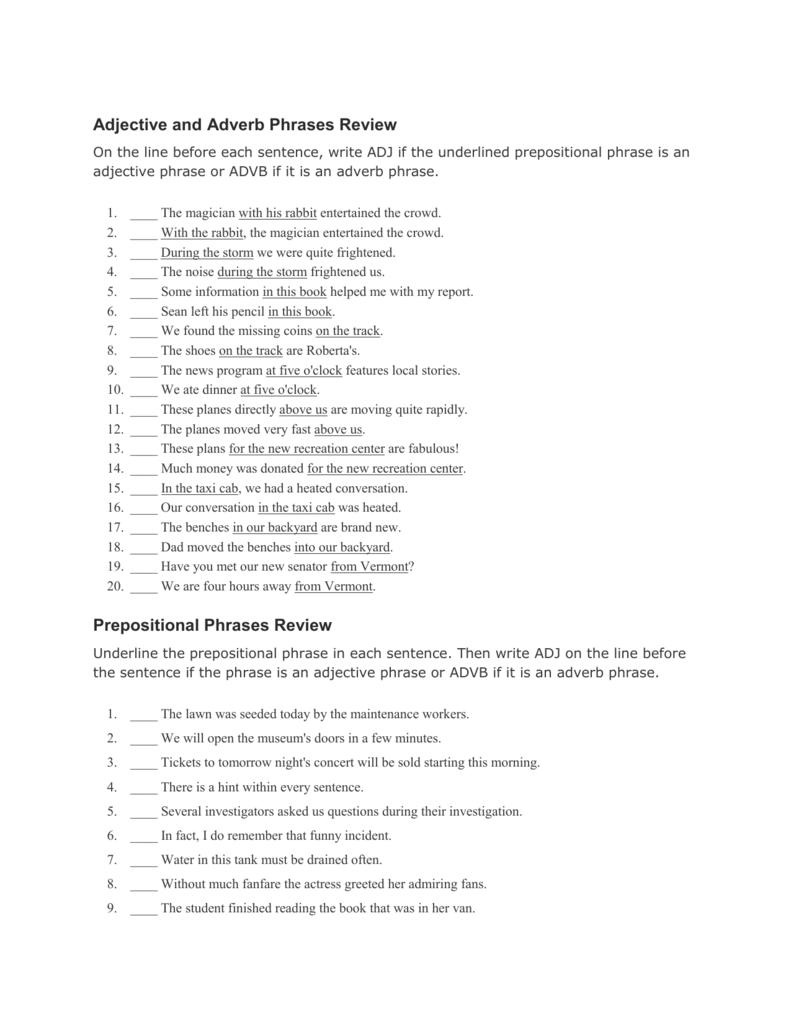Adjective And Adverb Phrase Worksheet Free Printable Adjectives