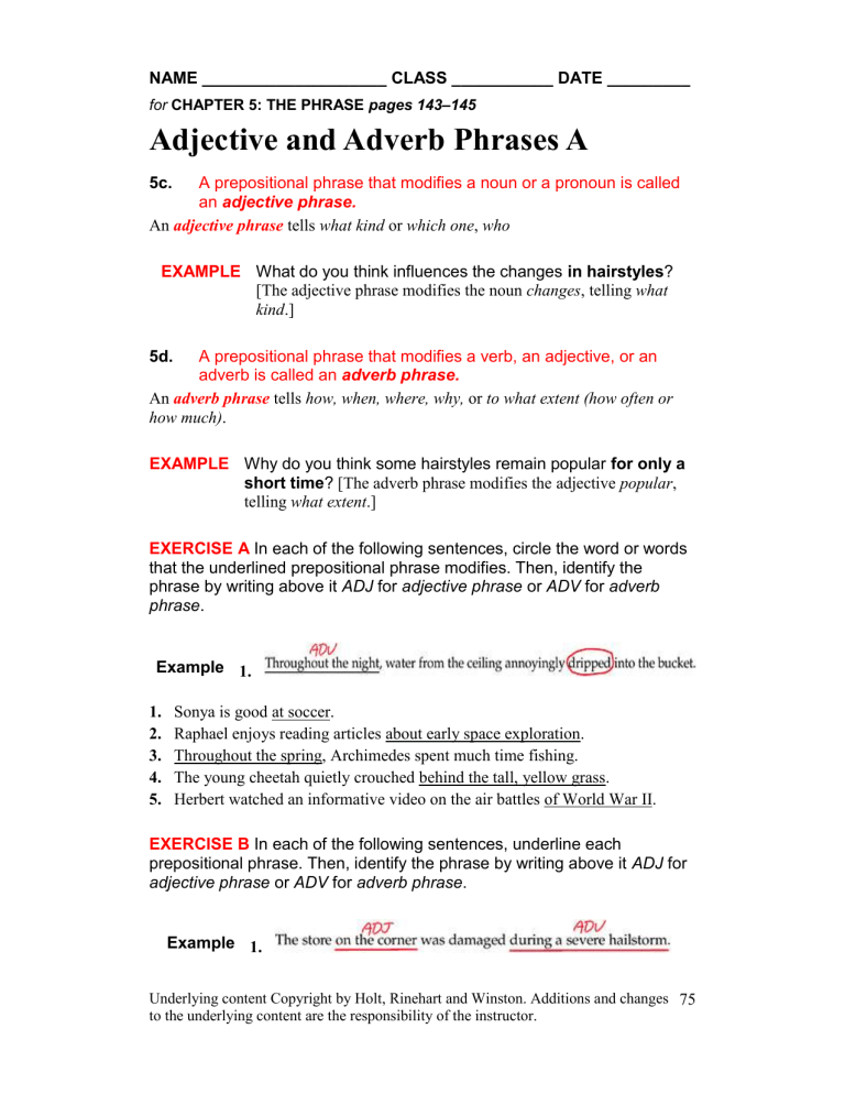 Adjective And Adverb Phrase Worksheet Free Printable Adjectives