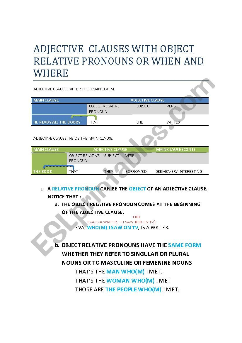 ADJECTIVE CLAUSES WITH OBJECT RELATIVE PRONOUNS OR WHEN AND WHERE ESL
