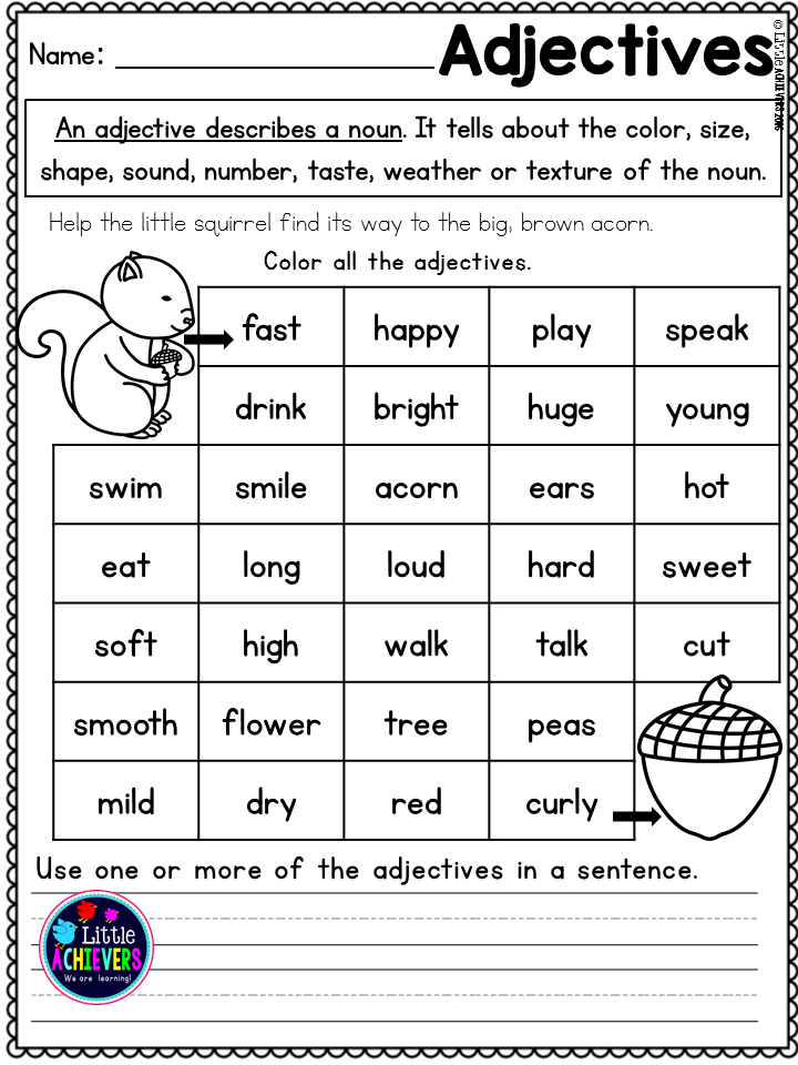 Adjective Worksheets 1st Grade