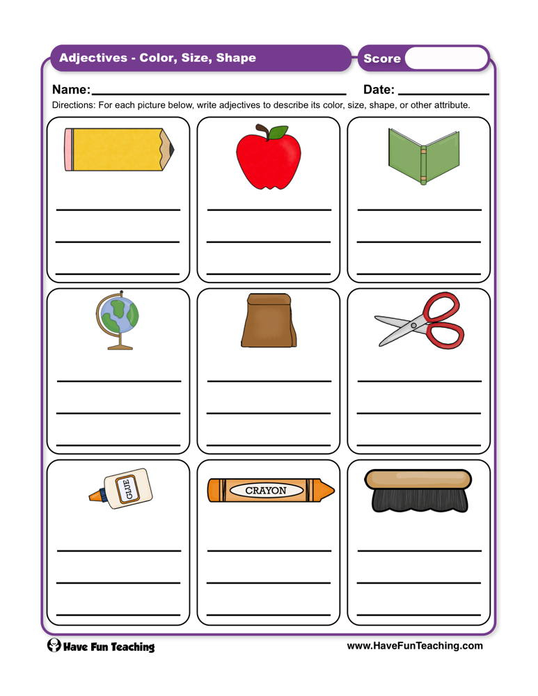 Adjectives Color Size Shape Worksheet By Teach Simple
