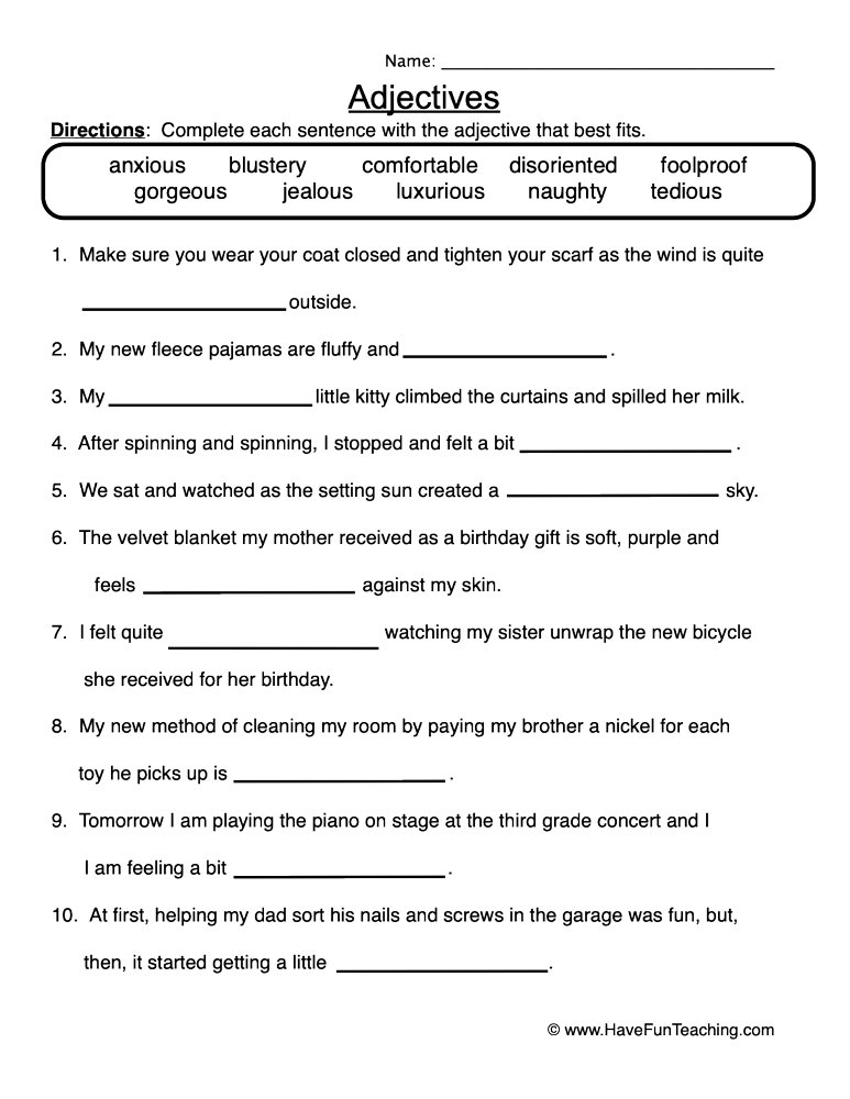 Adjectives Fill In The Blanks Worksheet Have Fun Teaching