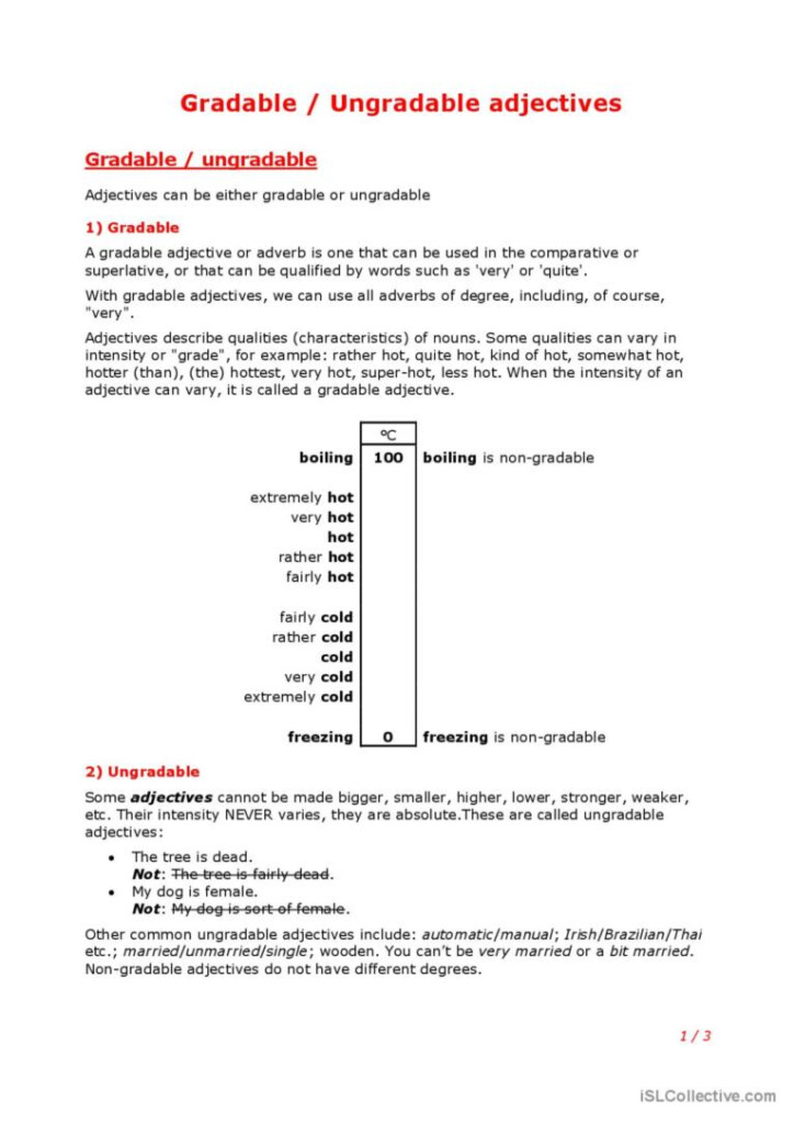 Adjectives Gradable And Ungradable English ESL Worksheets Pdf Doc