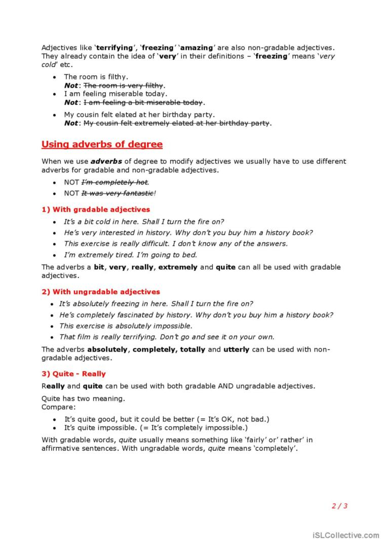 Adjectives Gradable And Ungradable English ESL Worksheets Pdf Doc