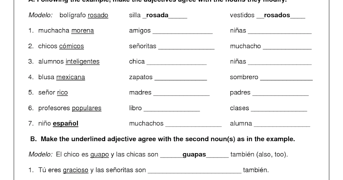 Adjectives In Spanish Worksheet Pdf Adjectiveworksheets