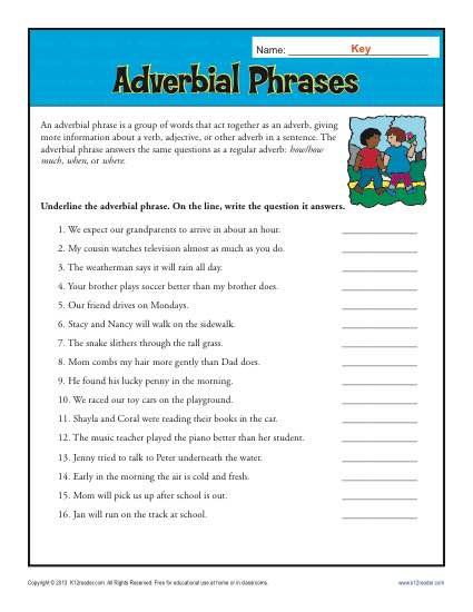 Adverbial Phrases Free Printable Adverb Worksheets