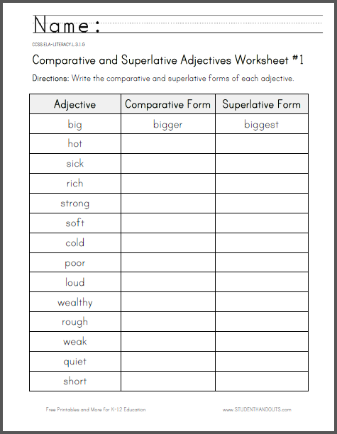 Comparative And Superlative Adjectives Worksheet 1 Student Handouts