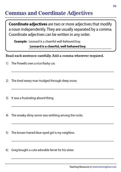 Coordinate Adjectives Worksheets