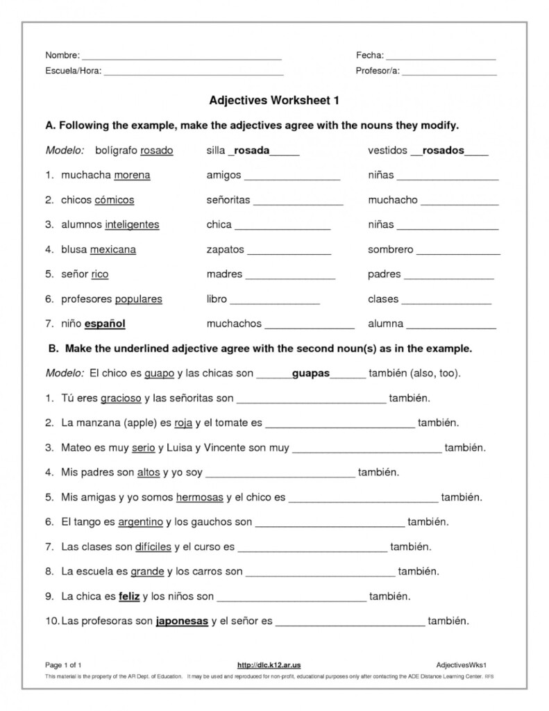 Demonstrative Adjectives Spanish Worksheet Answers