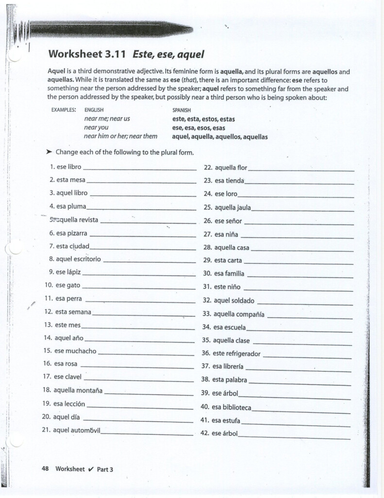 Demonstrative Adjectives Spanish Worksheet For Demonstrative Adjectives 