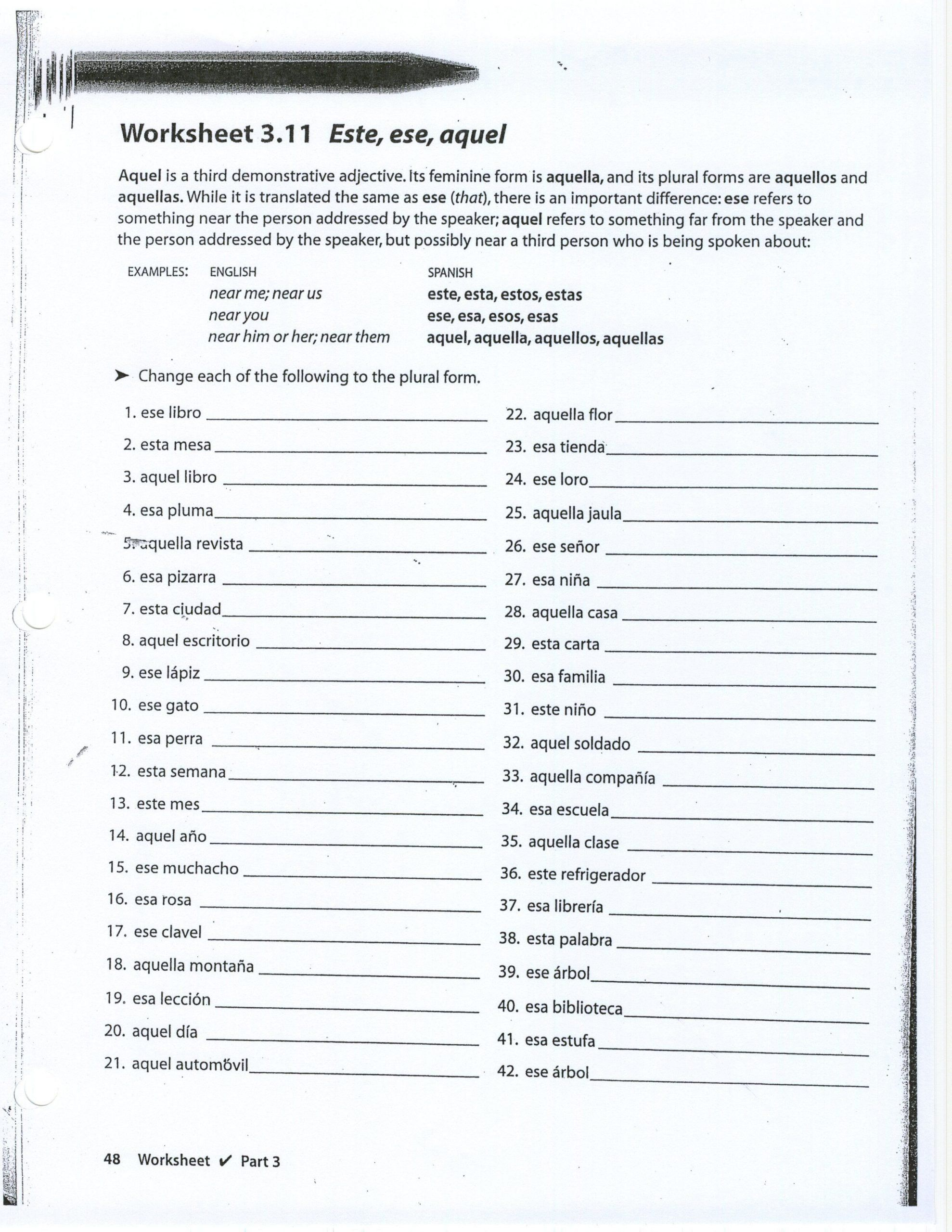 Demonstrative Adjectives Spanish Worksheet For Demonstrative Adjectives