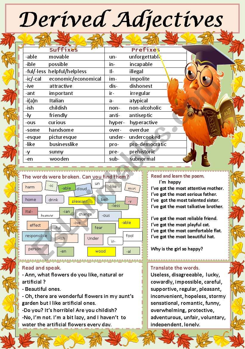 Derived Adjectives ESL Worksheet By Devitsa