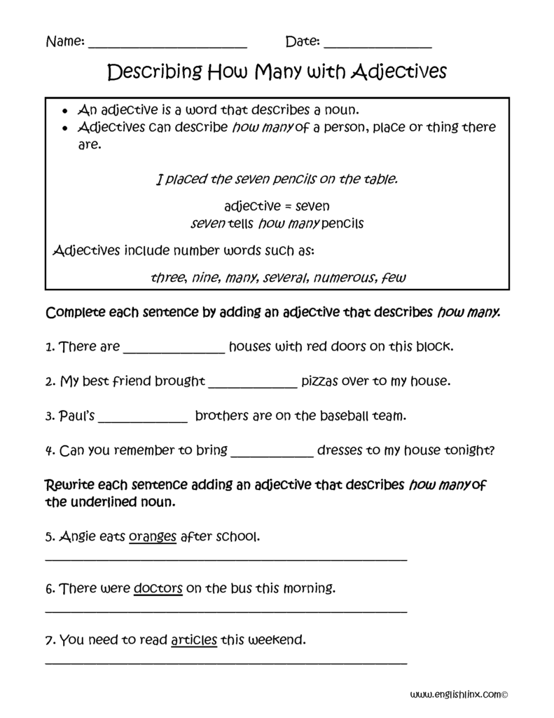 Describing How Many Adjectives Worksheets Adjective Worksheet 
