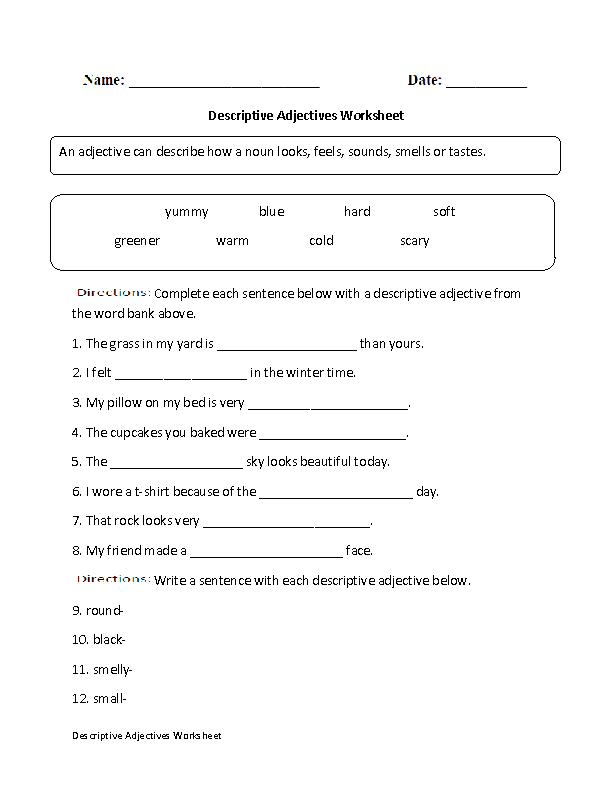 Descriptive Adjectives Worksheet Adjective Worksheet Adjectives