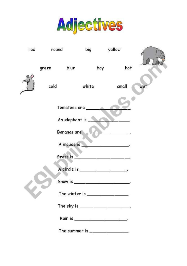 English Worksheets Adjectives Cloze