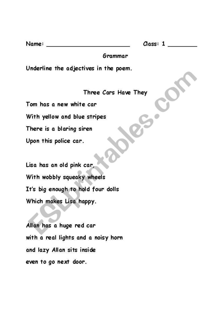 English Worksheets Adjectives In Poetry