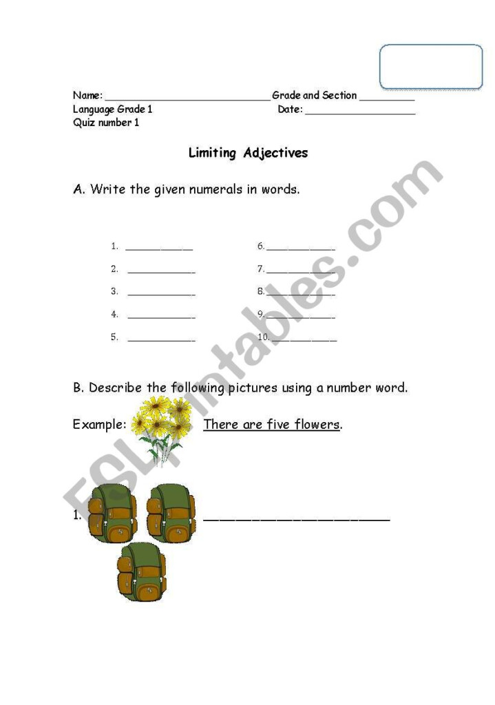 English Worksheets Limiting Adjectives Cardinal And Ordinals 