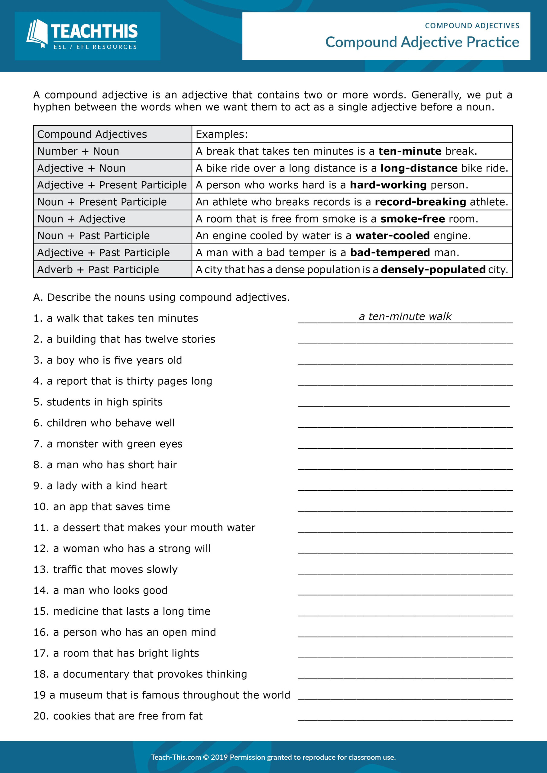 ESL Compound Adjectives Worksheet Reading Writing Matching And