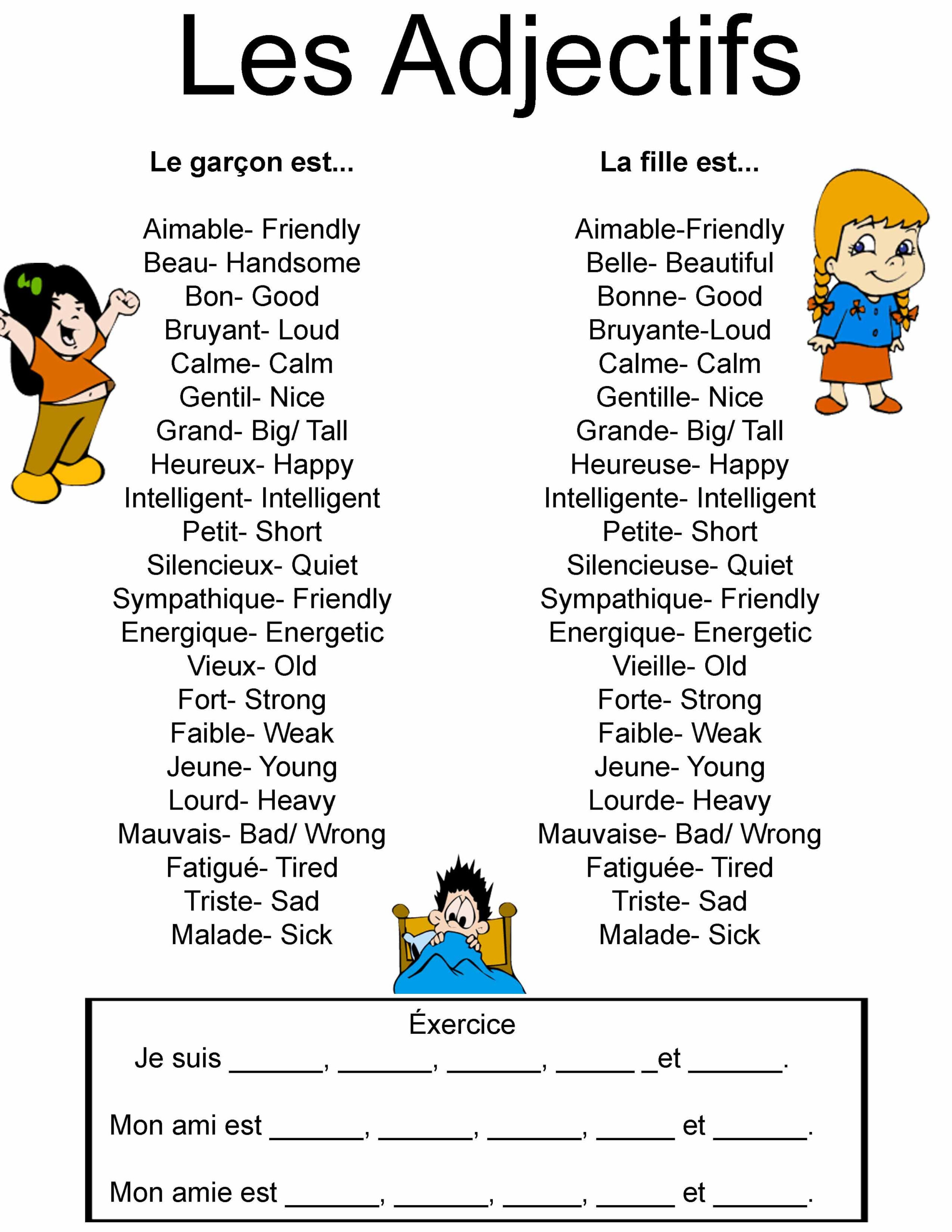 French Adjective Worksheets Printable Free Learning How To Read