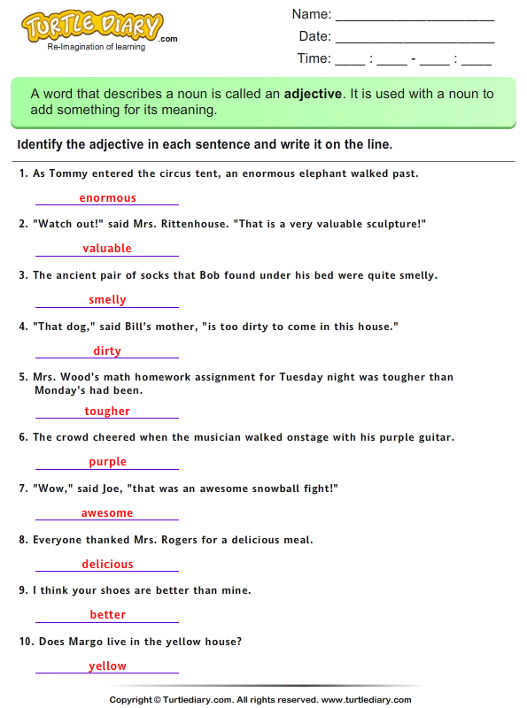 Identify Adjectives In A Sentence Worksheet Turtle Diary