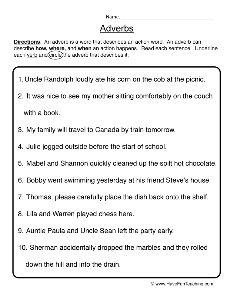 Identifying Adverbs Worksheet 6th Grade