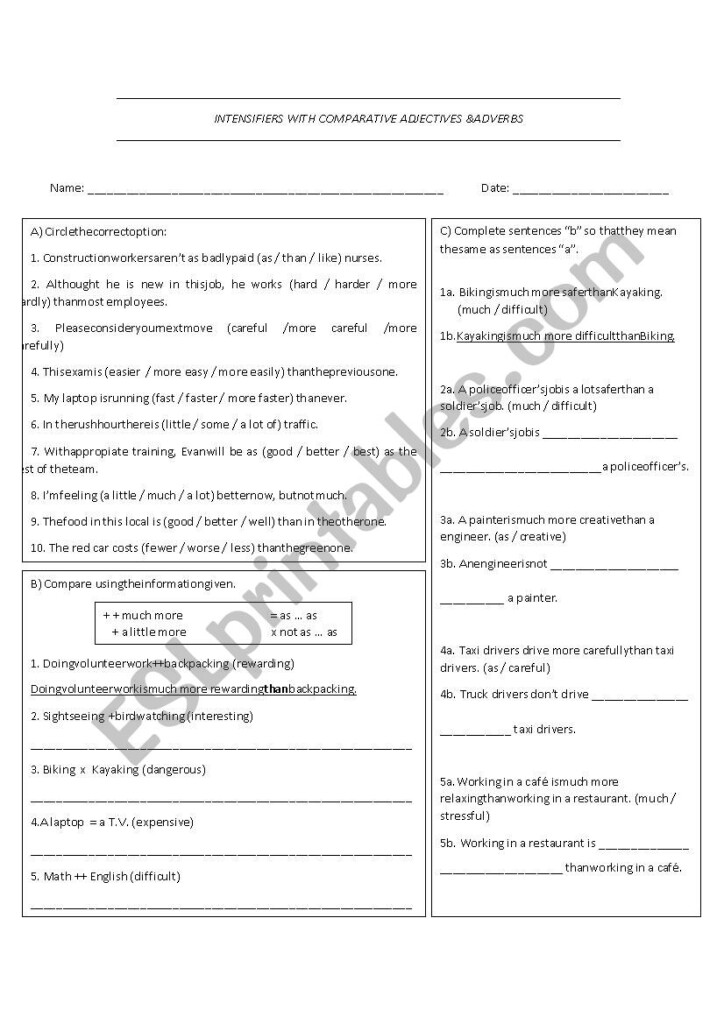 INTENSIFIERS WITH COMPARATIVE ADJECTIVES ESL Worksheet By Lahm