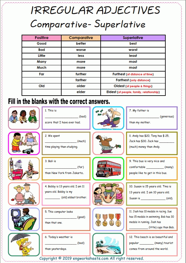 Irregular Adjectives Comparative Superlative Image Worksheets