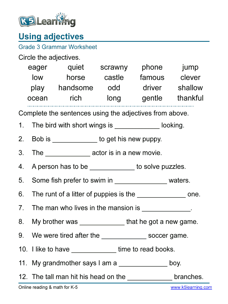 K5 Learning Grade 3 Grammar Worksheet Using Adjectives Fill And
