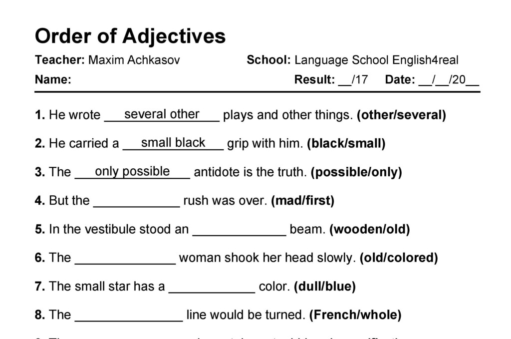 Order Of Adjectives English Grammar Fill In The Blanks Exercises With 