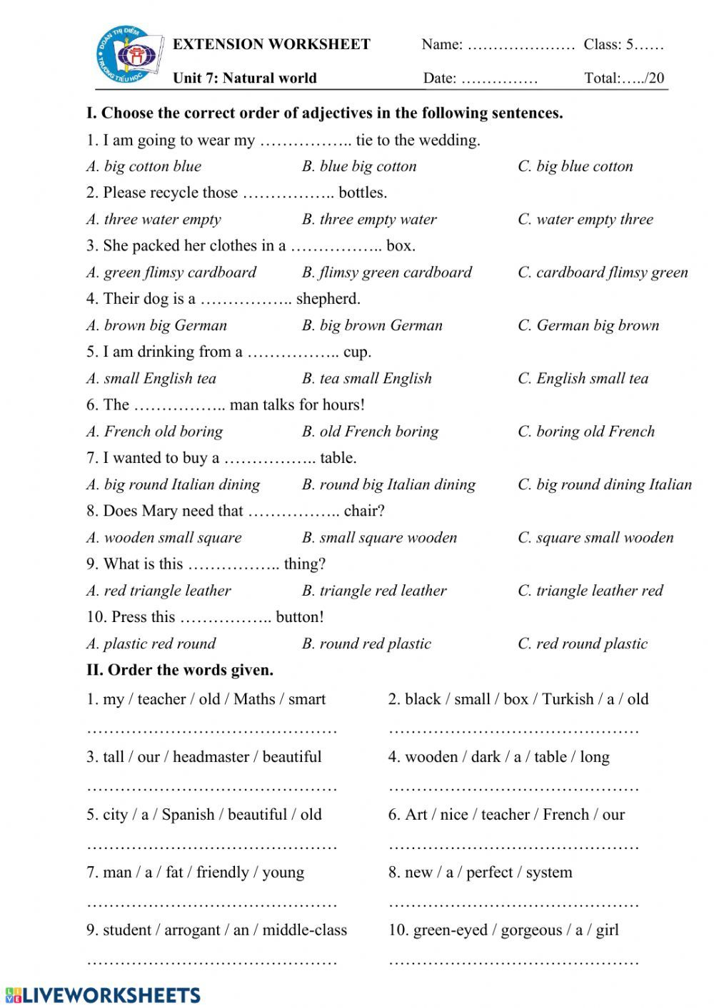 Order Of Adjectives Online Worksheet For Grade 5 You Can Do The