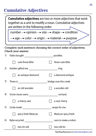 Ordering Adjectives Worksheets Cumulative Adjectives