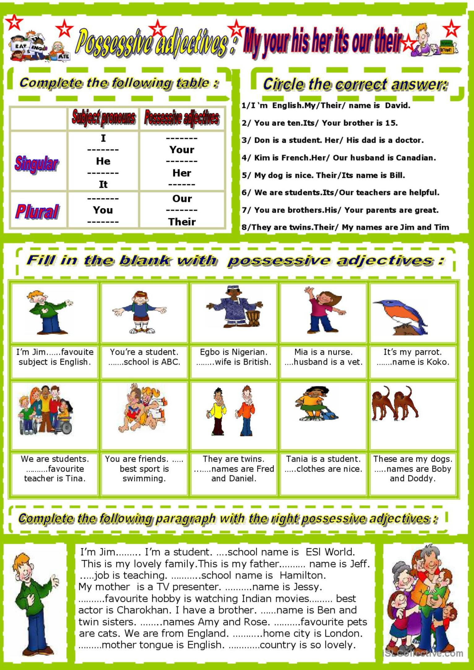 Possessive Adjectives English ESL Worksheets Pdf Doc