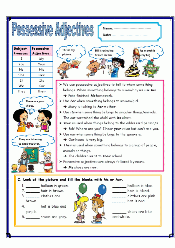 Possessive Adjectives Image Worksheets