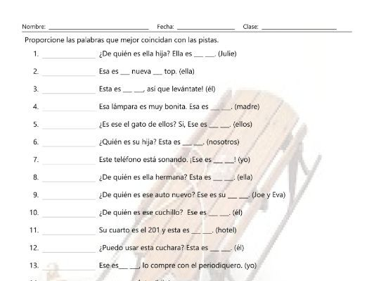 Possessive Adjectives Matching Spanish Worksheet Teaching Resources