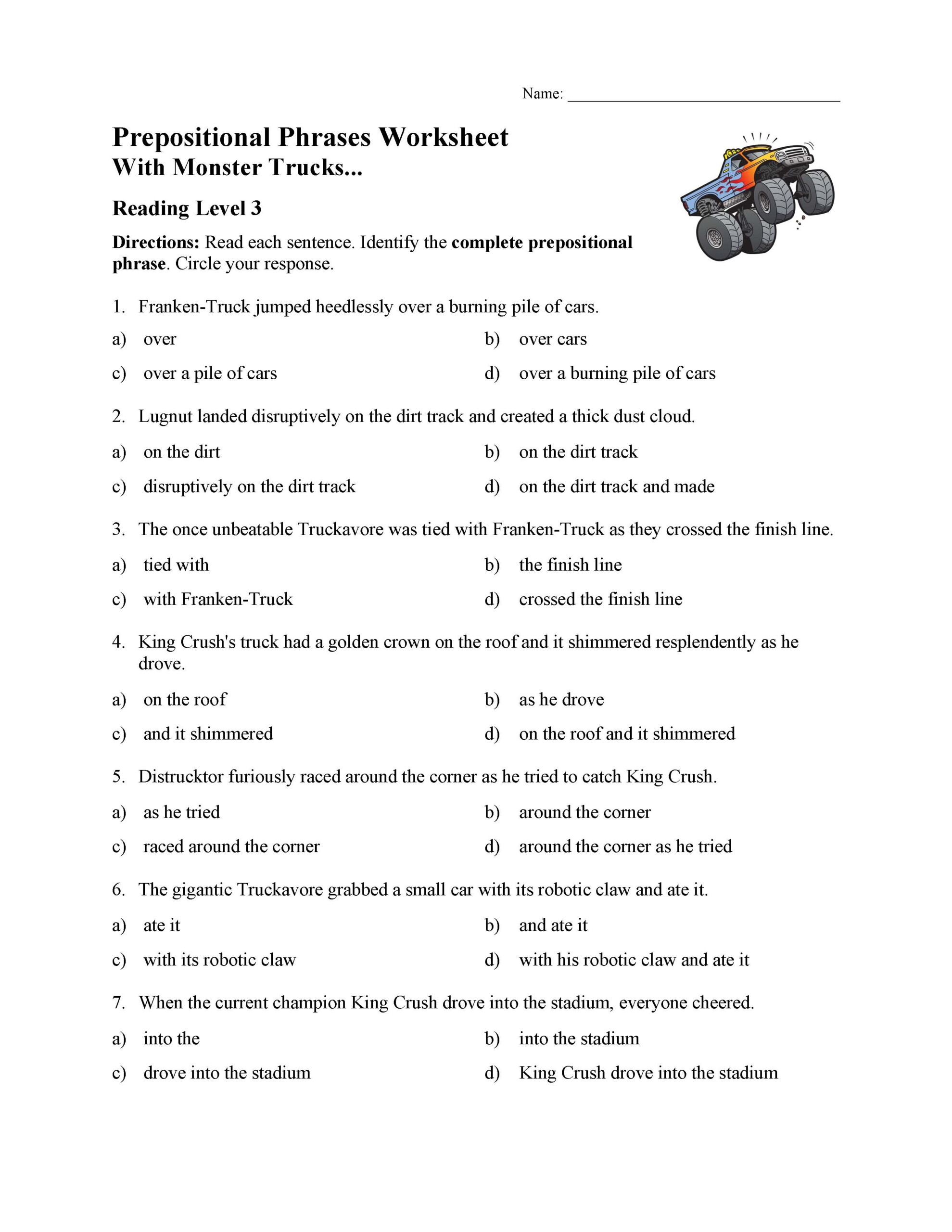Prepositional Phrase Worksheet With Answers