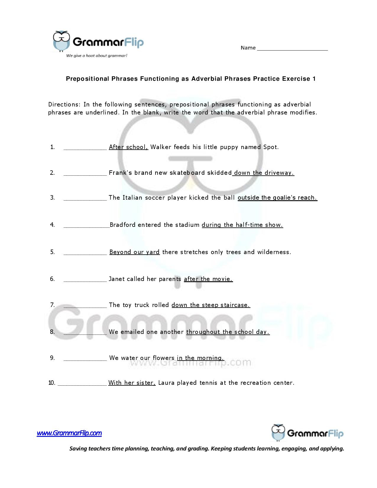 Prepositional Phrases Functioning As Adverb Phrases Free Worksheet