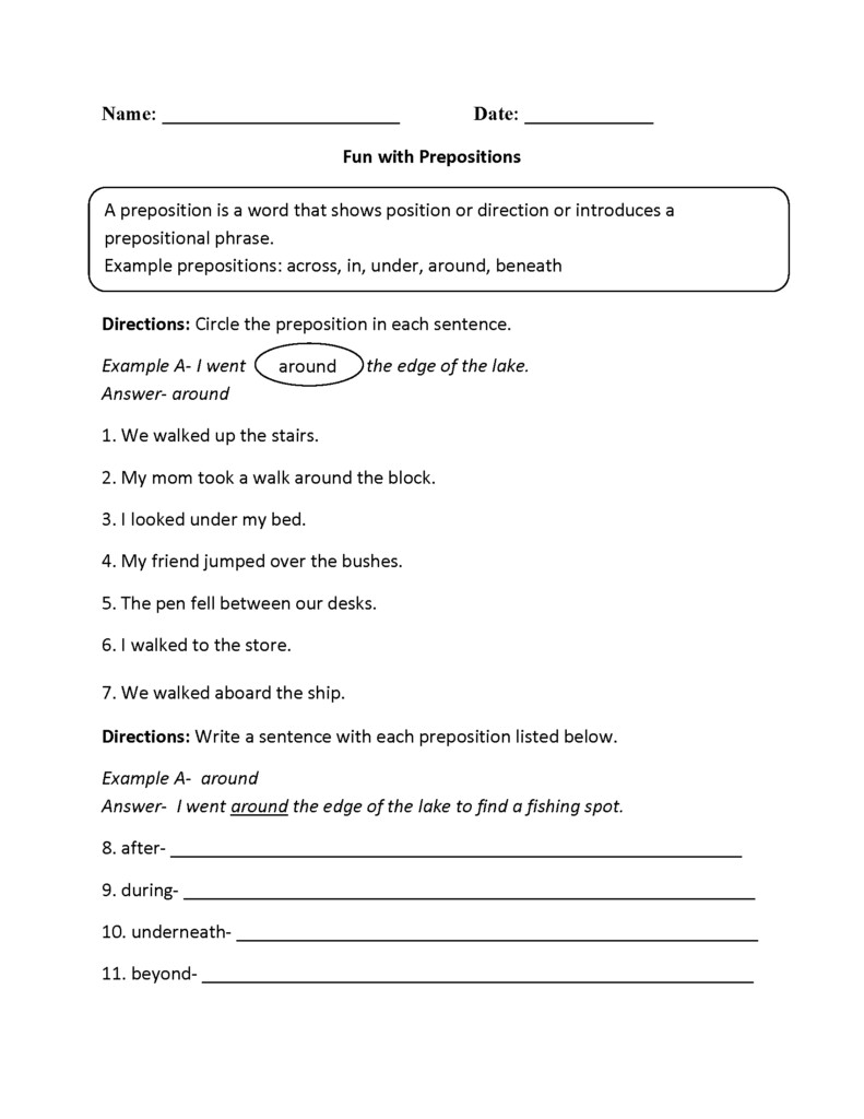 Prepositional Phrases Worksheets