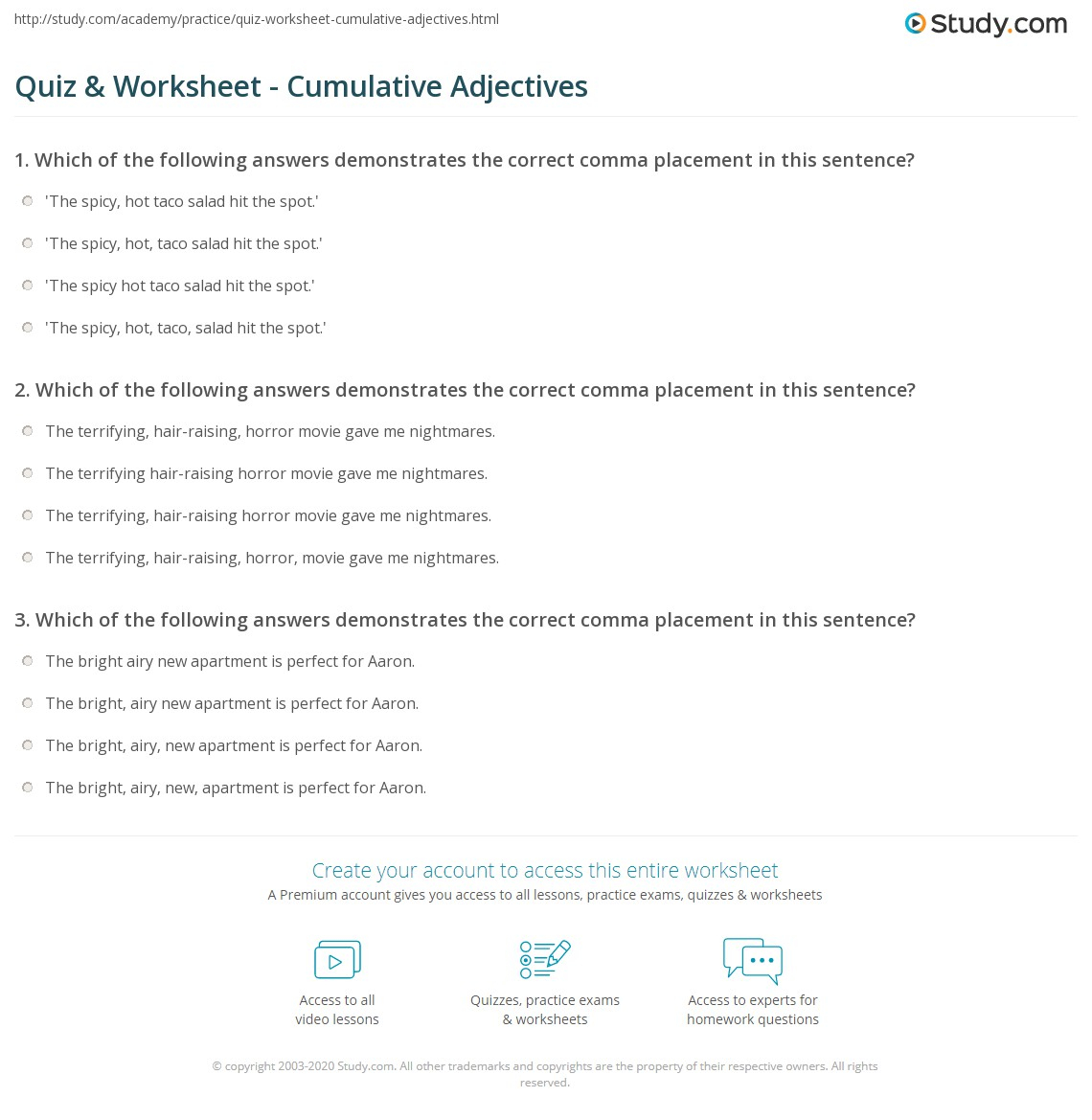 Quiz Worksheet Cumulative Adjectives Study