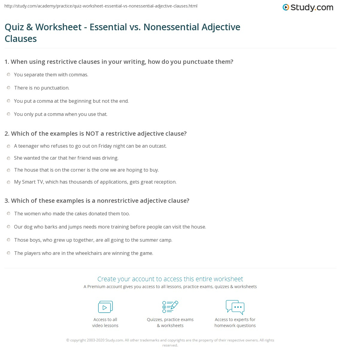 Quiz Worksheet Essential Vs Nonessential Adjective Clauses Study