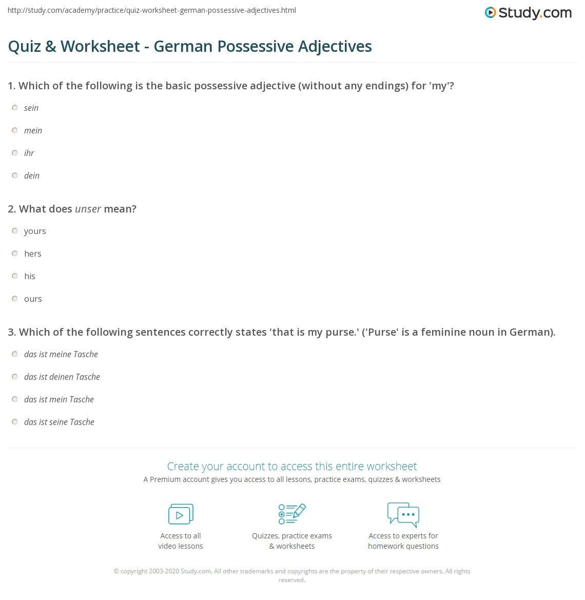 Quiz Worksheet German Possessive Adjectives Study