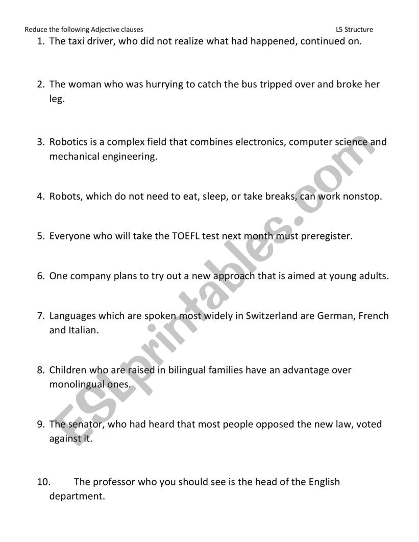 Reduced Adjective Clauses ESL Worksheet By Arkoyusuf