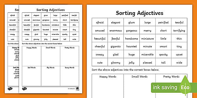 Sorting Adjectives Worksheet 3rd 4th Class Twinkl